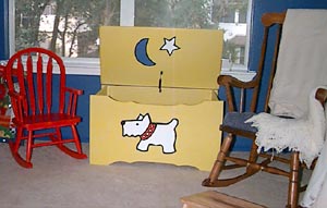 Toy Box with expertly crafted wooden Moon Doggie